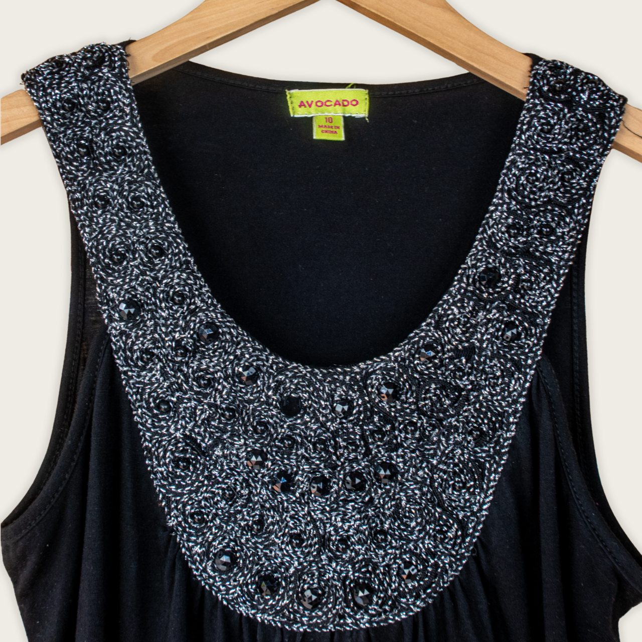 Y2K Avocado Embellished Tank Top - Beaded Neckline - Size 10