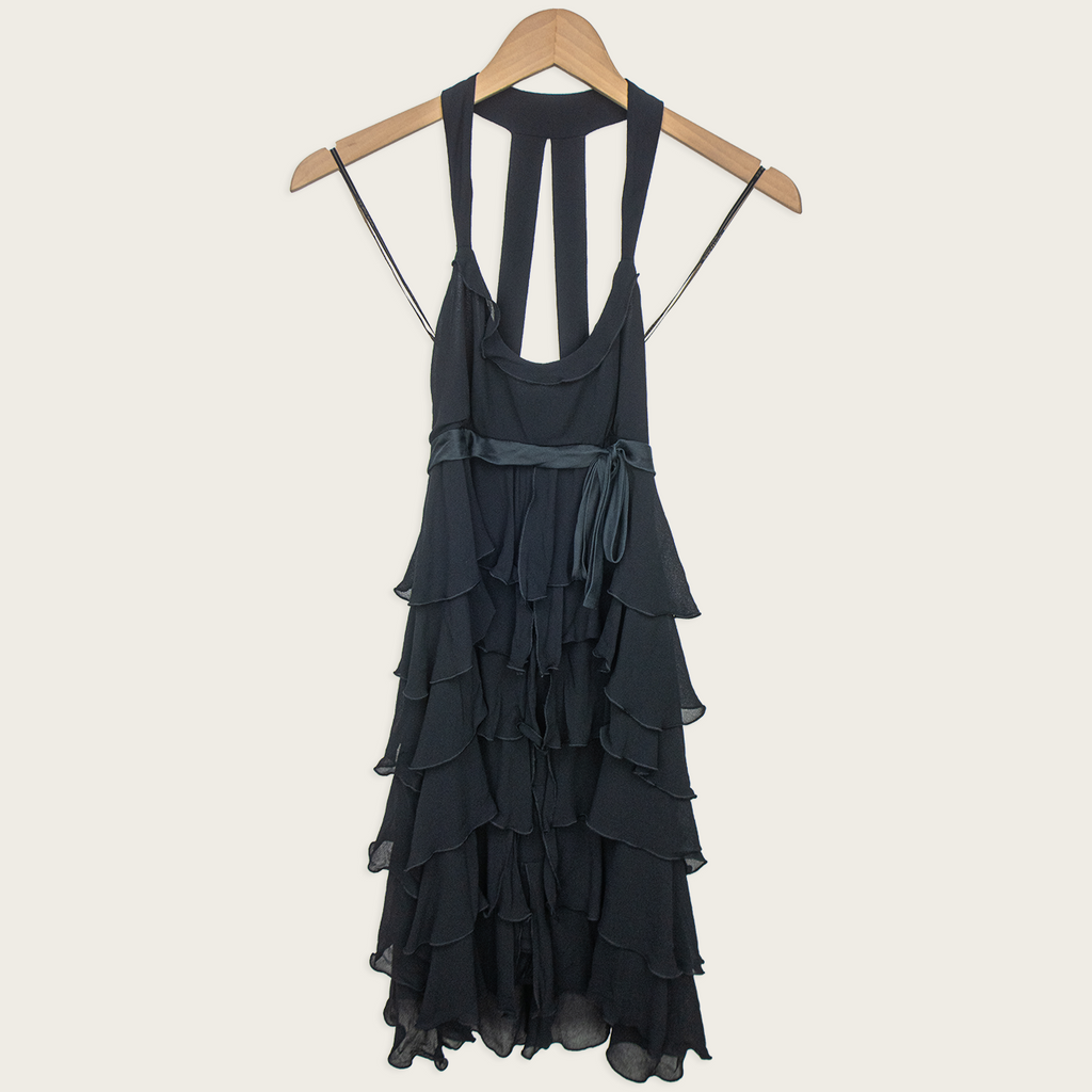 00s Cue Black Tiered Ruffle Halter Dress - Size XS