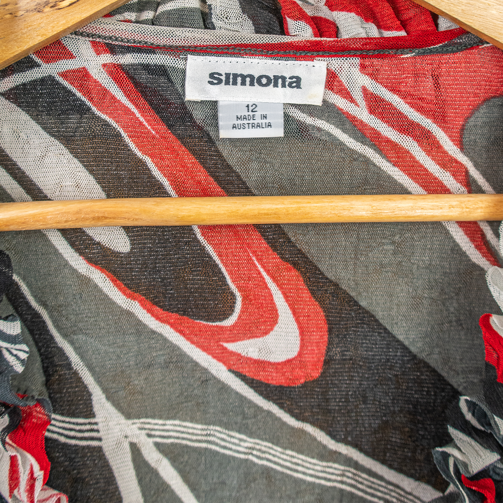 Y2K Simona Mesh Top - Abstract Print Ruffle - Size 12