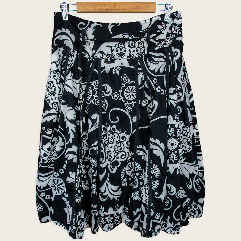 Y2K Suzanne Grae Floral Belted Midi Skirt - Black White Print - Size S