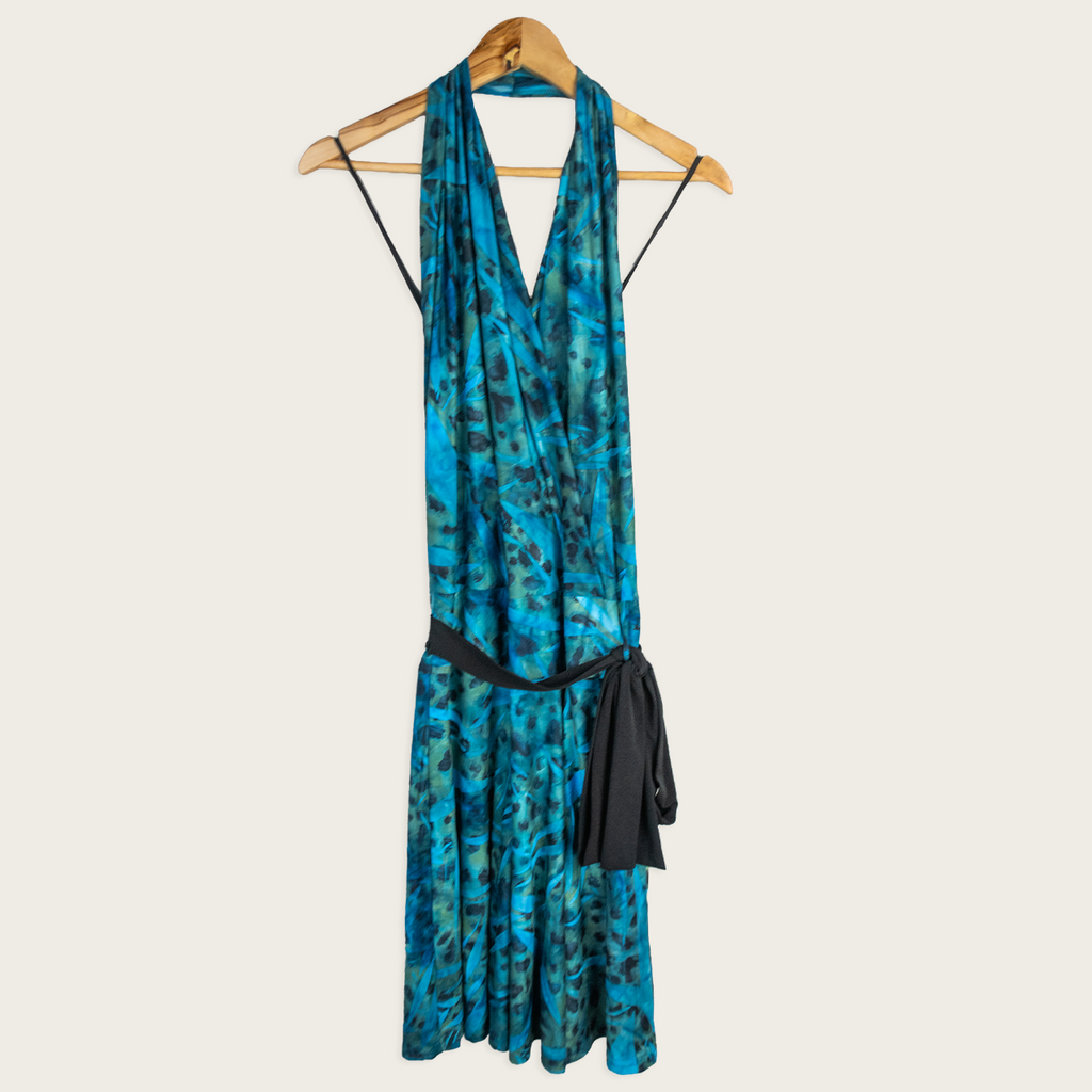 Vintage Powerhouse Halter Midi Dress - Blue Abstract Print - Size 10