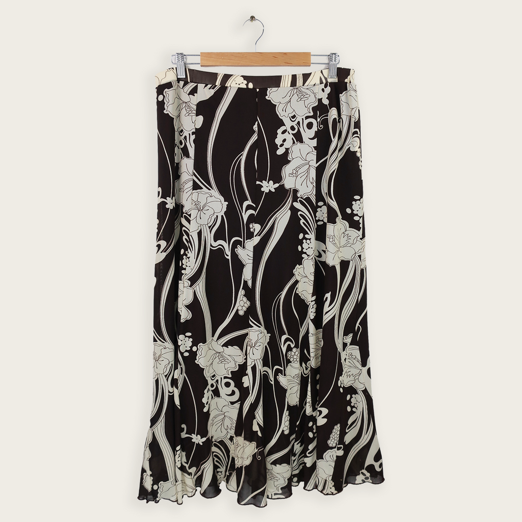 Y2K Floral Maxi Skirt - Brown Beige Print - Size L