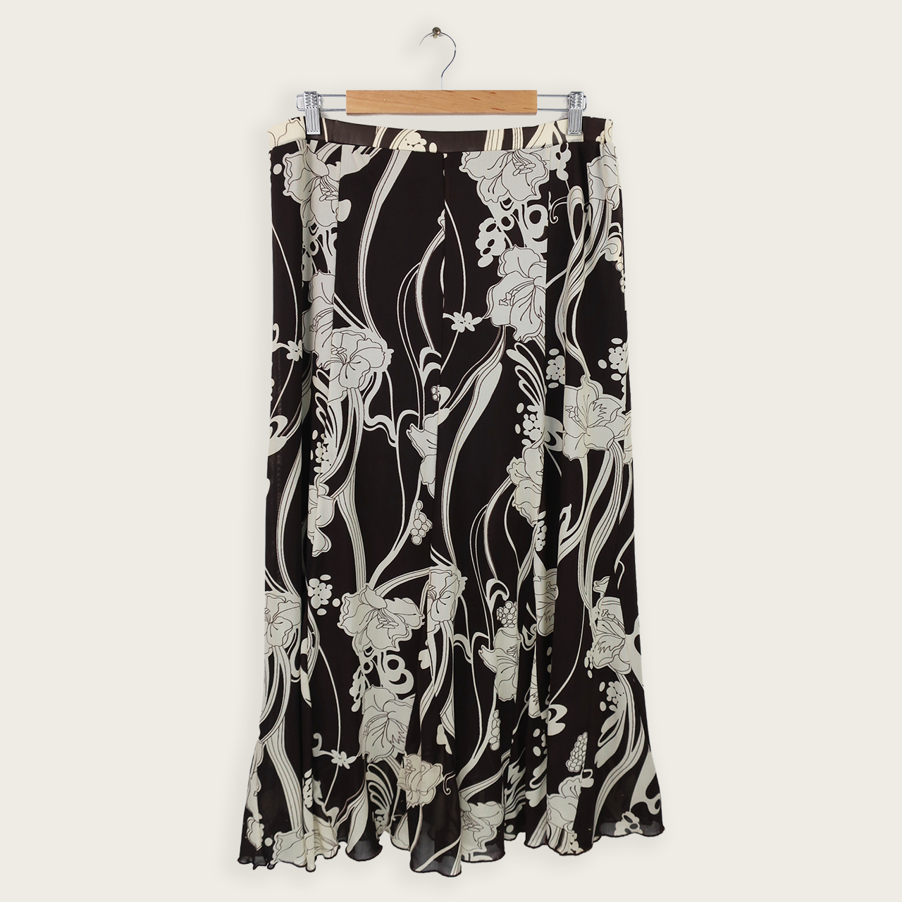 Y2K Floral Maxi Skirt - Brown Beige Print - Size L