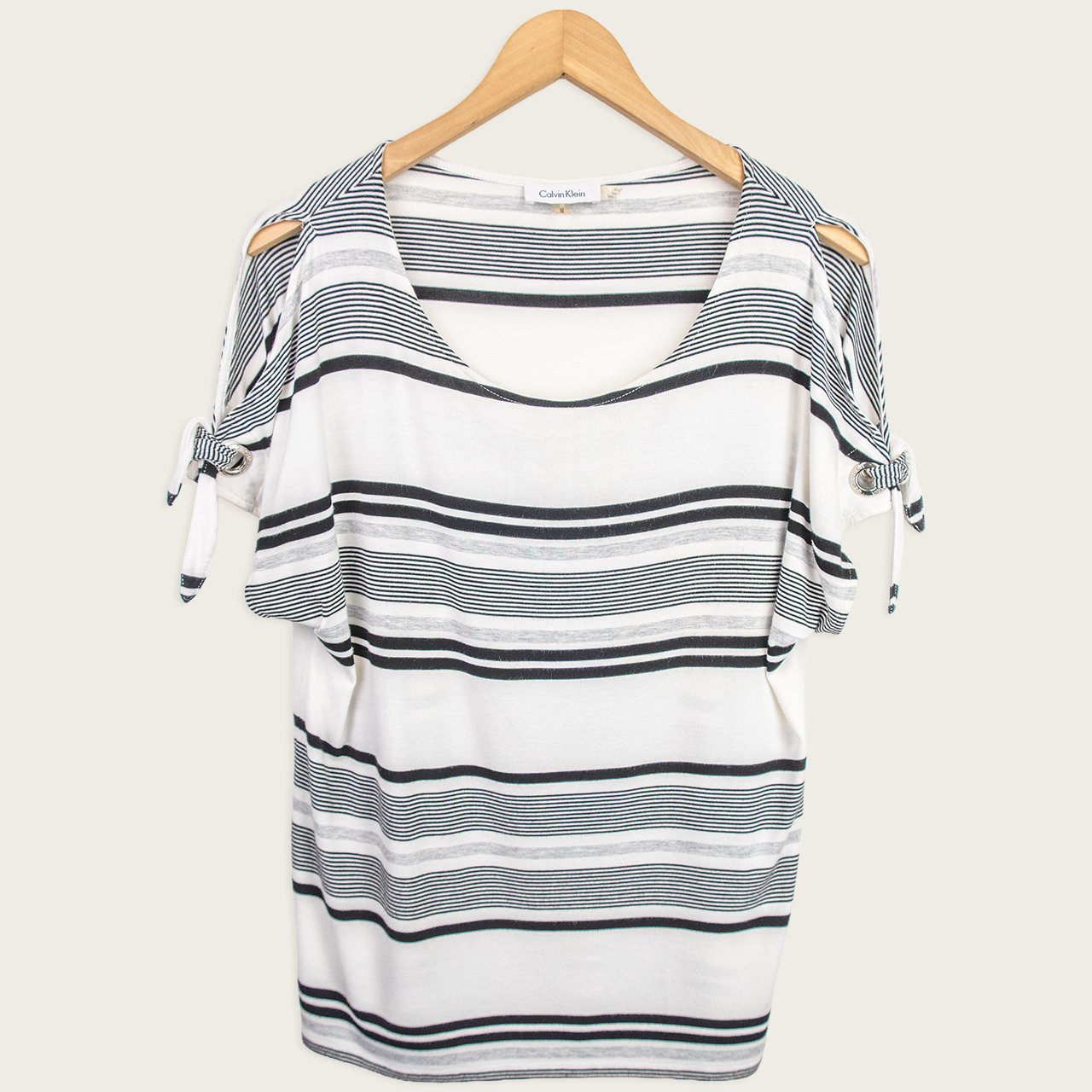 Calvin Klein Stripe Cut-Out Top - White & Black - Size M