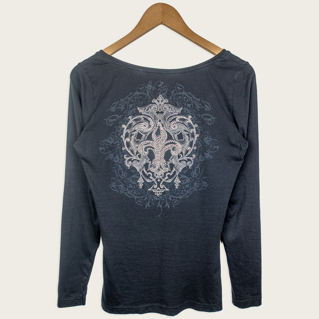 Y2K edc by Esprit Rhinestone Fleur De Lis Top - Black - Size M