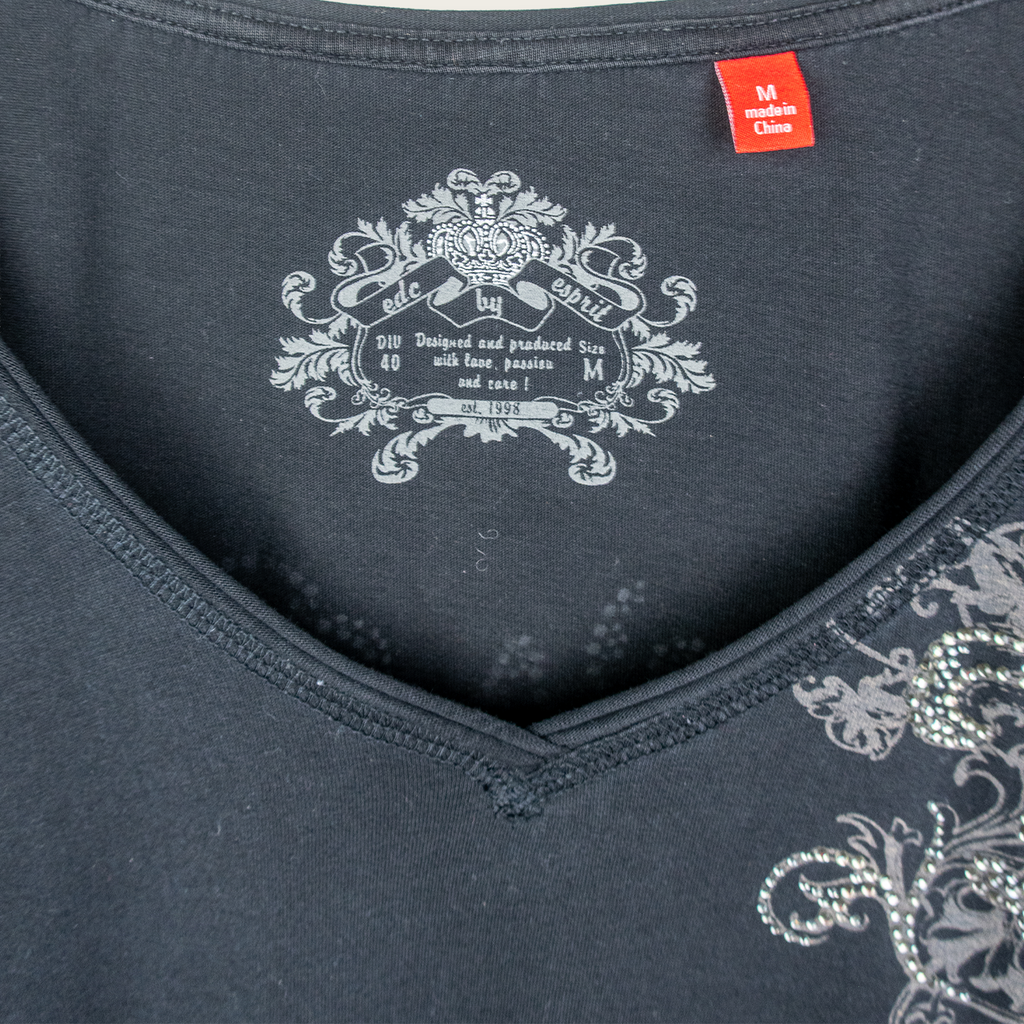 Y2K edc by Esprit Rhinestone Fleur De Lis Top - Black - Size M