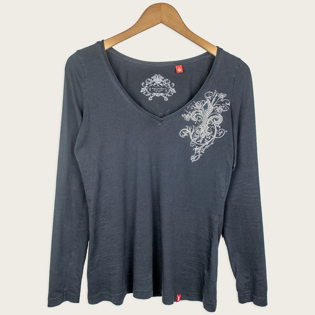 Y2K edc by Esprit Rhinestone Fleur De Lis Top - Black - Size M