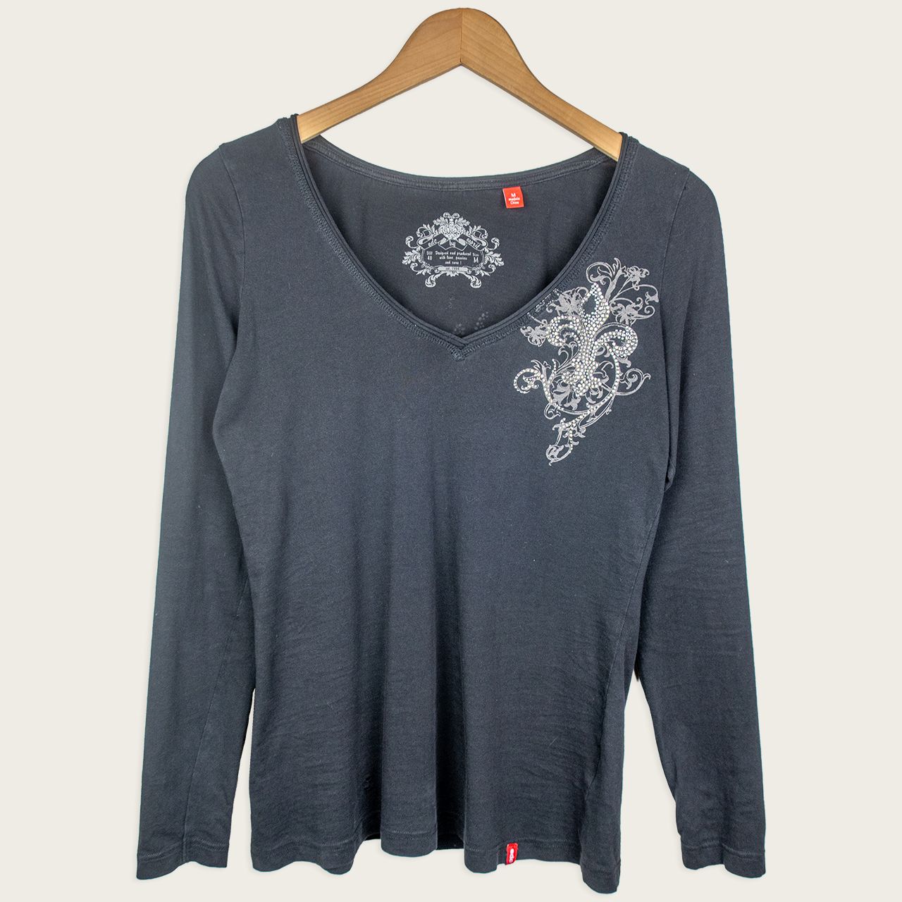 Y2K edc by Esprit Rhinestone Fleur De Lis Top - Black - Size M