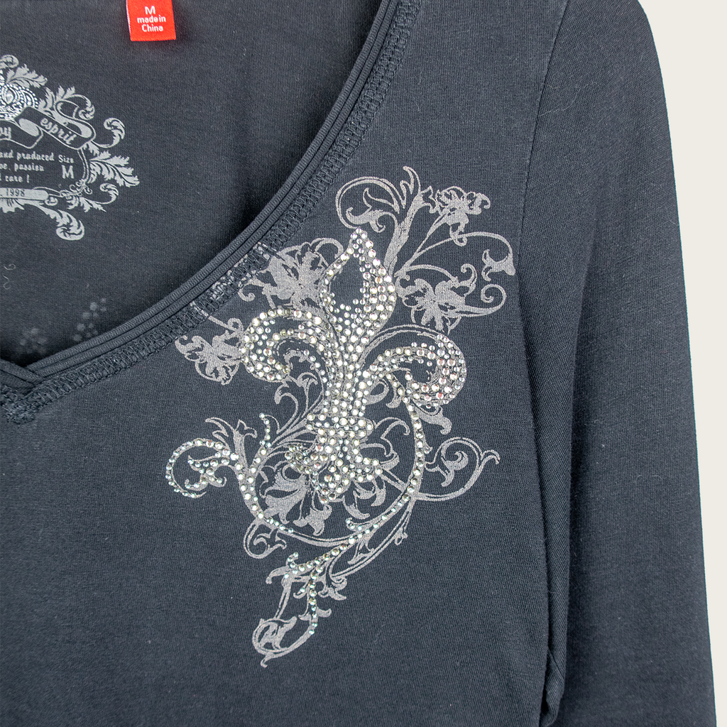 Y2K edc by Esprit Rhinestone Fleur De Lis Top - Black - Size M
