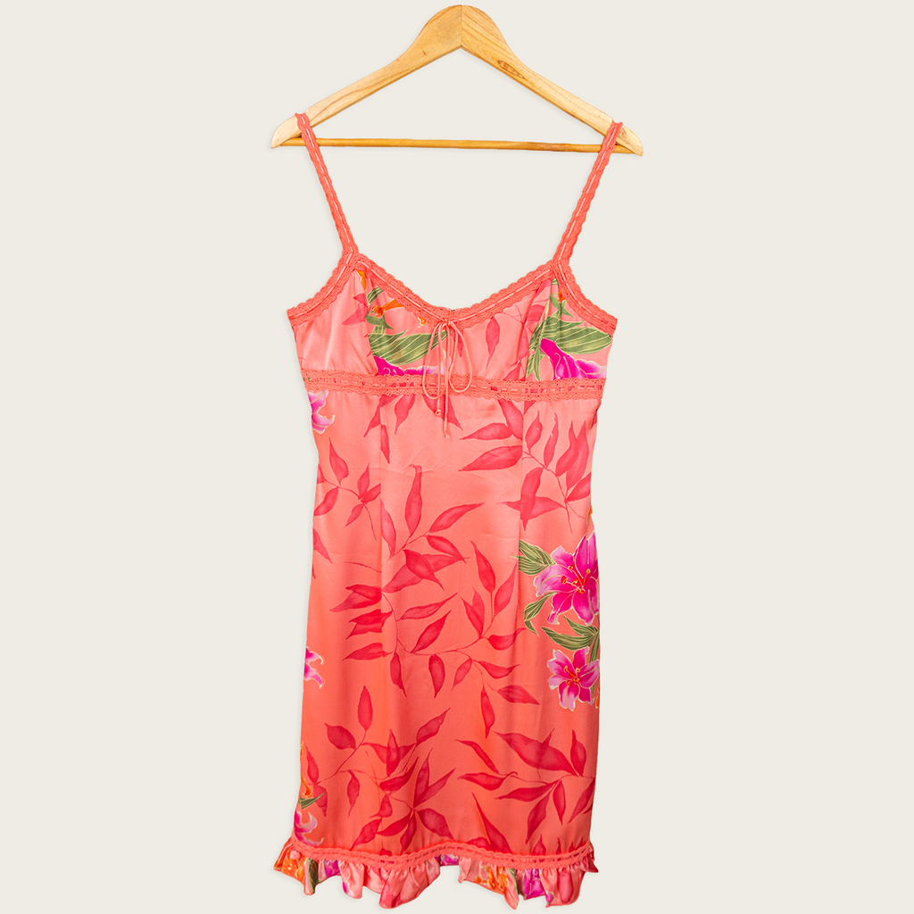 Y2K Events Slip Dress - Floral Satin Lace Trim - Size 12