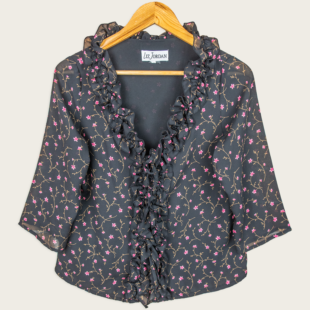 Y2K Liz Jordan Floral Ruffle Blouse - Black - Size 8