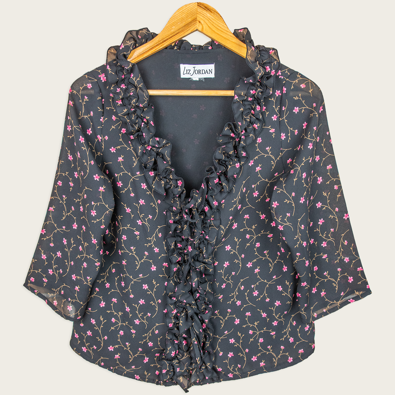 Y2K Liz Jordan Floral Ruffle Blouse - Black - Size 8