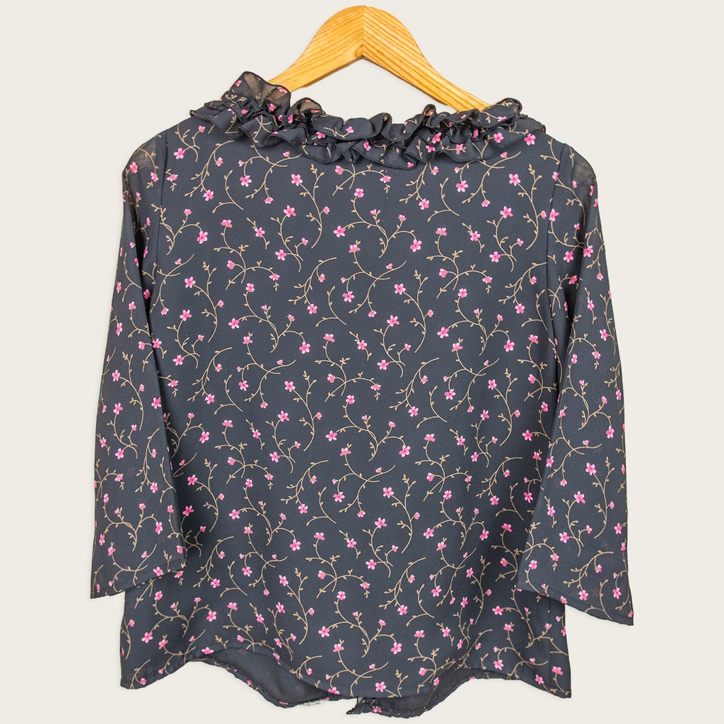 Y2K Liz Jordan Floral Ruffle Blouse - Black - Size 8