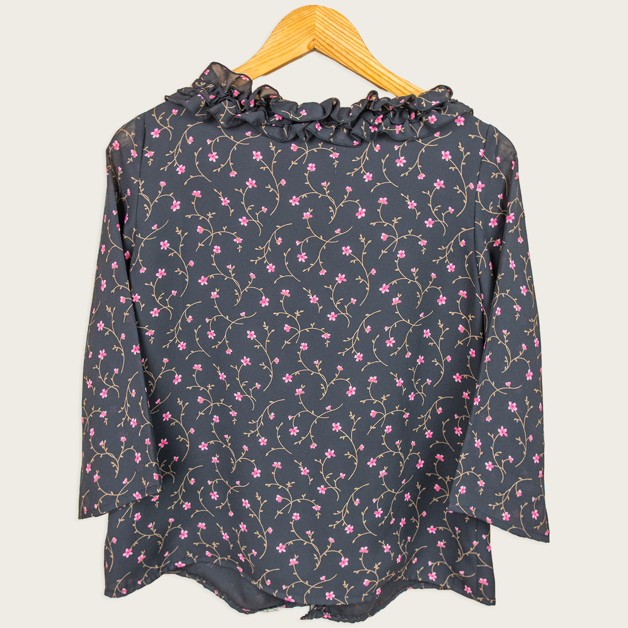 Y2K Liz Jordan Floral Ruffle Blouse - Black - Size 8