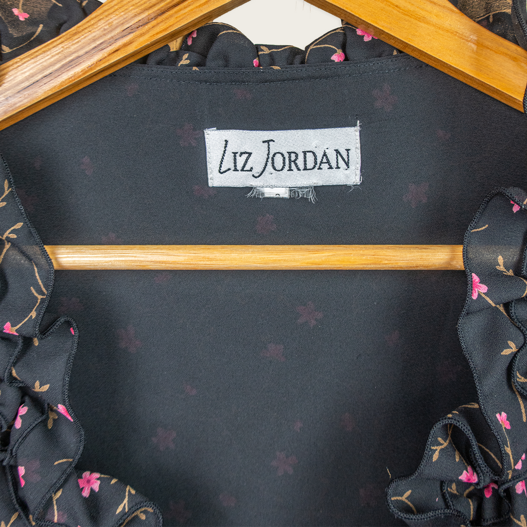 Y2K Liz Jordan Floral Ruffle Blouse - Black - Size 8
