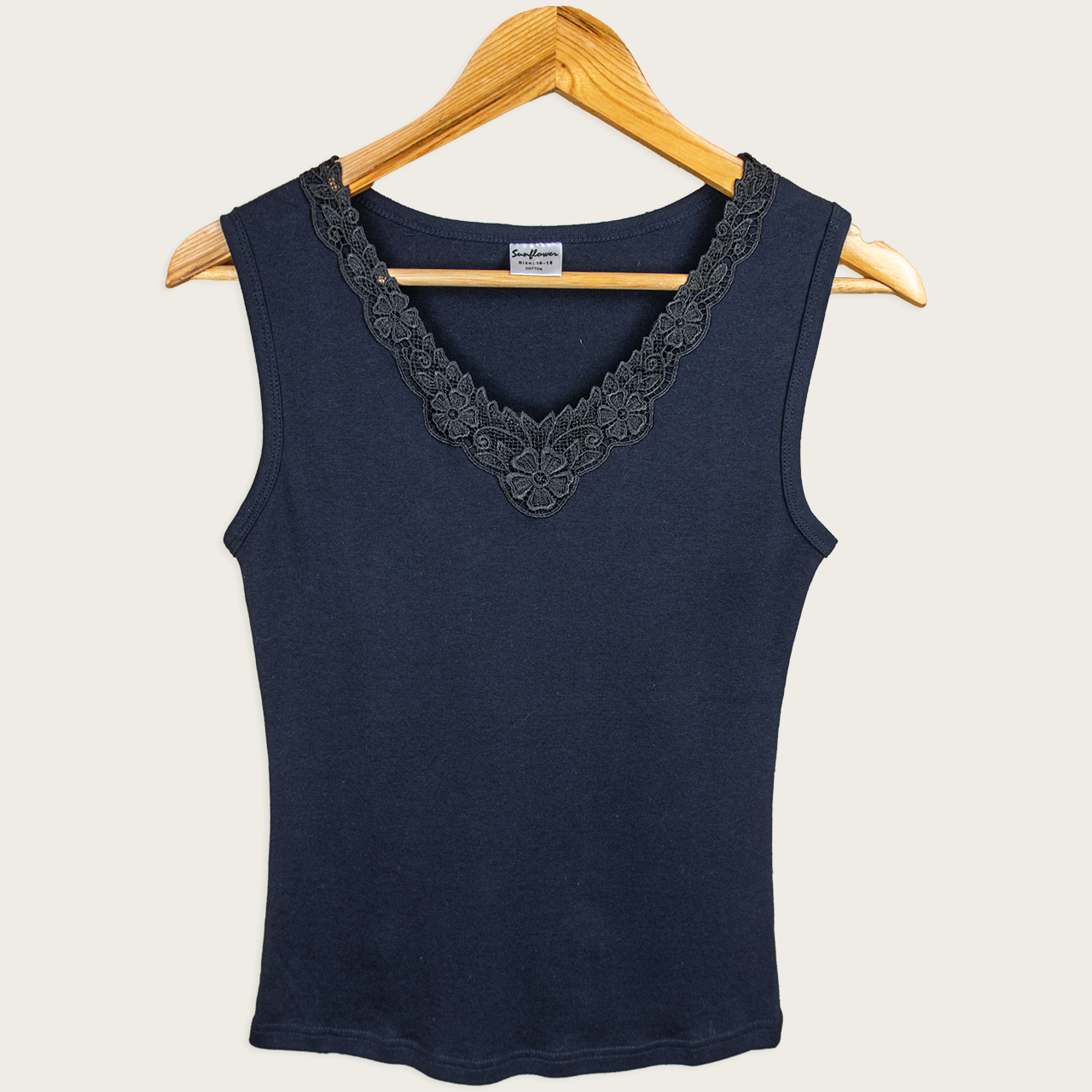 Y2K Sunflower Lace Trim Tank - Black Cotton - Size 12