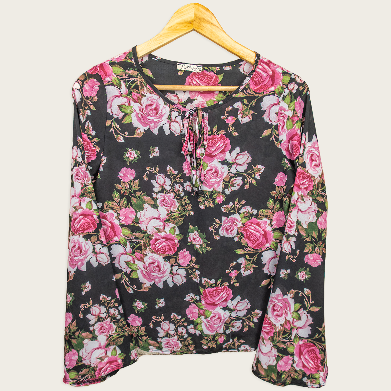 Vintage Prospect Blvd Sheer Floral Top - Black Pink Roses - Size S