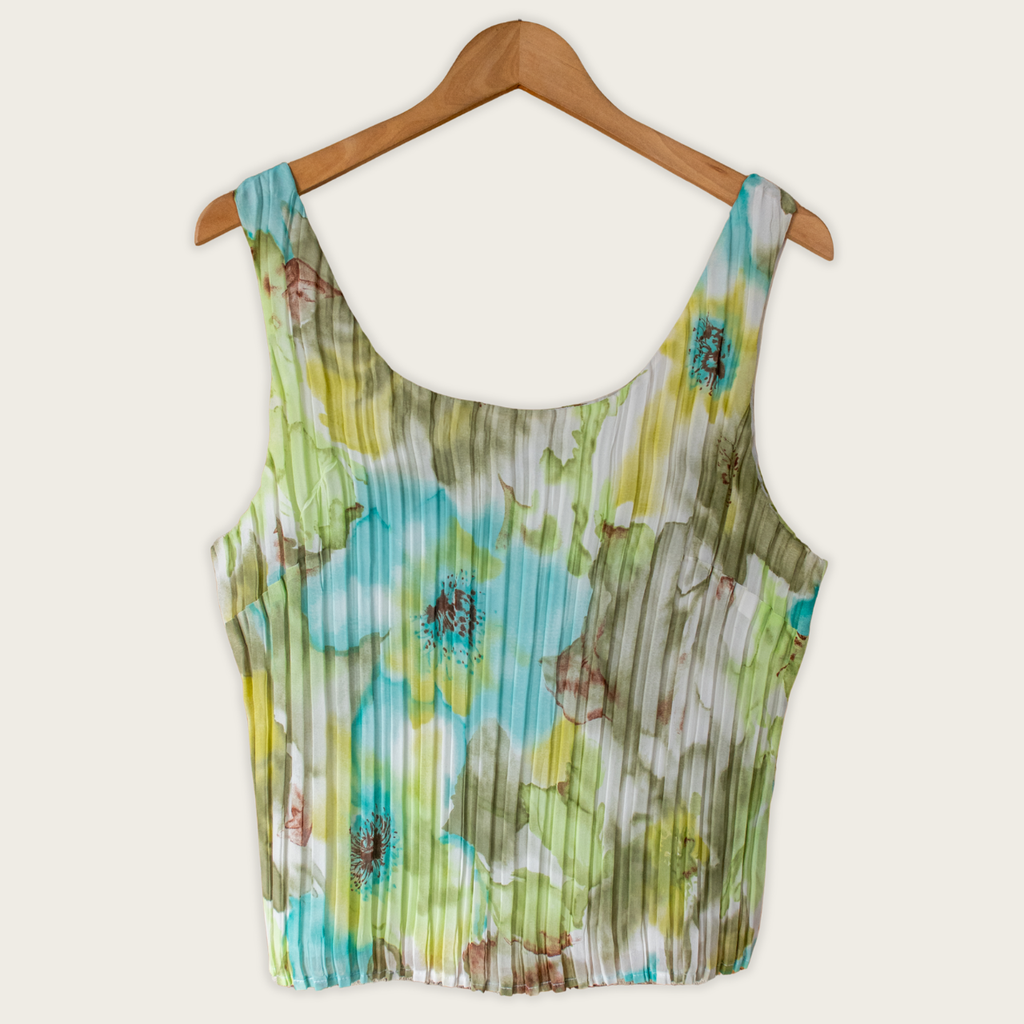 Y2K Guava Pleated Floral Tank Top - Watercolour Print - Size 12