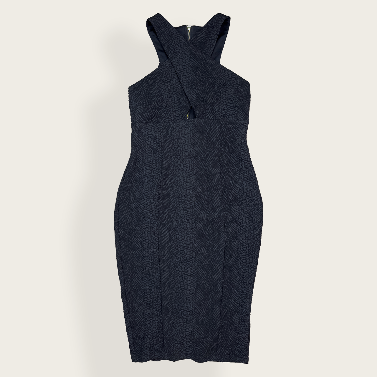 Kardashian Kollection Midi Dress - Black Textured Bodycon - Size 8