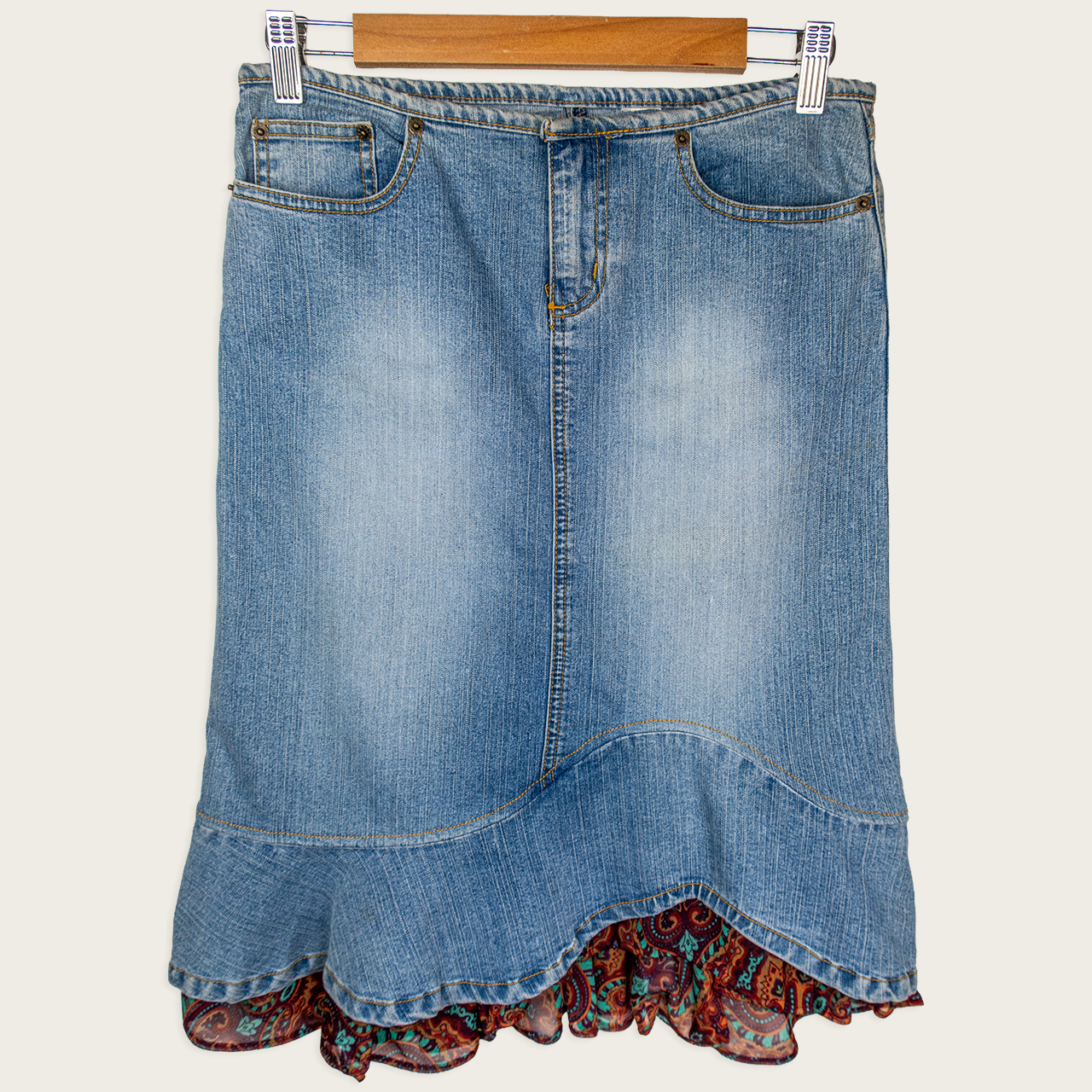Y2K Grab Denim Skirt - Paisley Ruffle Hem - Size 8