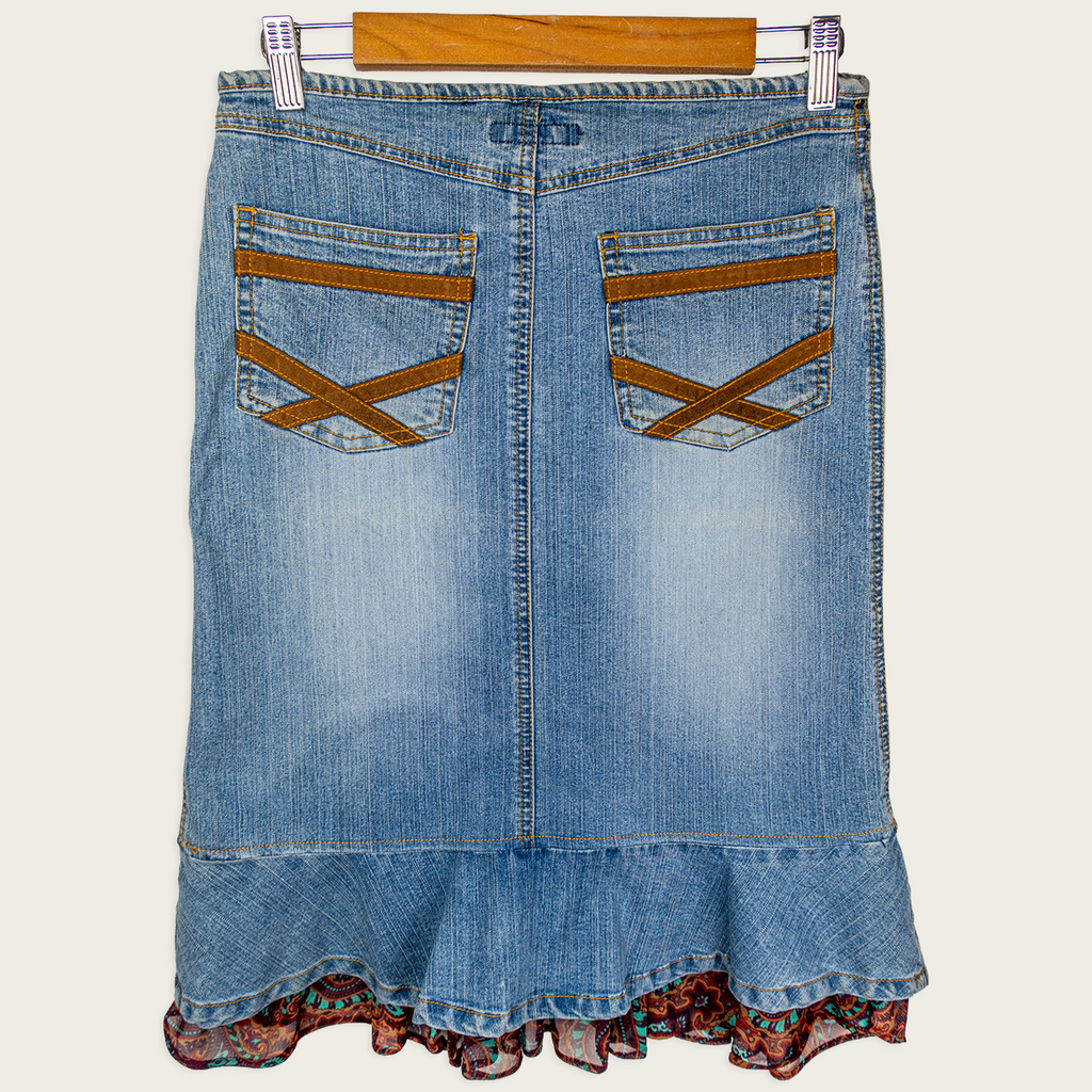 Y2K Grab Denim Skirt - Paisley Ruffle Hem - Size 8