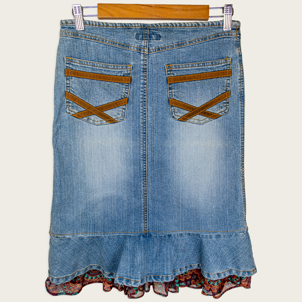 Y2K Grab Denim Skirt - Paisley Ruffle Hem - Size 8