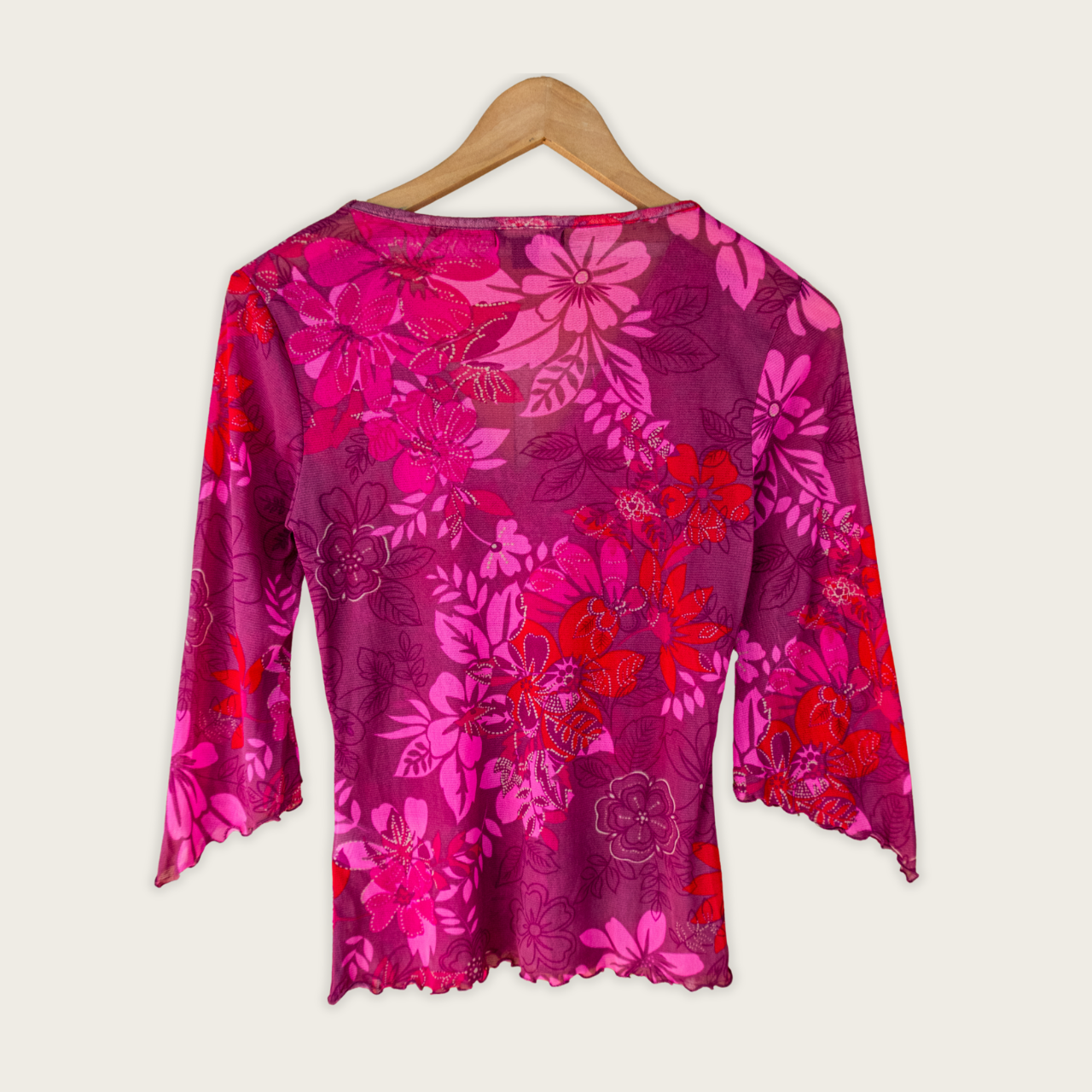 Y2K Monsoon Mesh Top - Pink Floral Print - Size 8