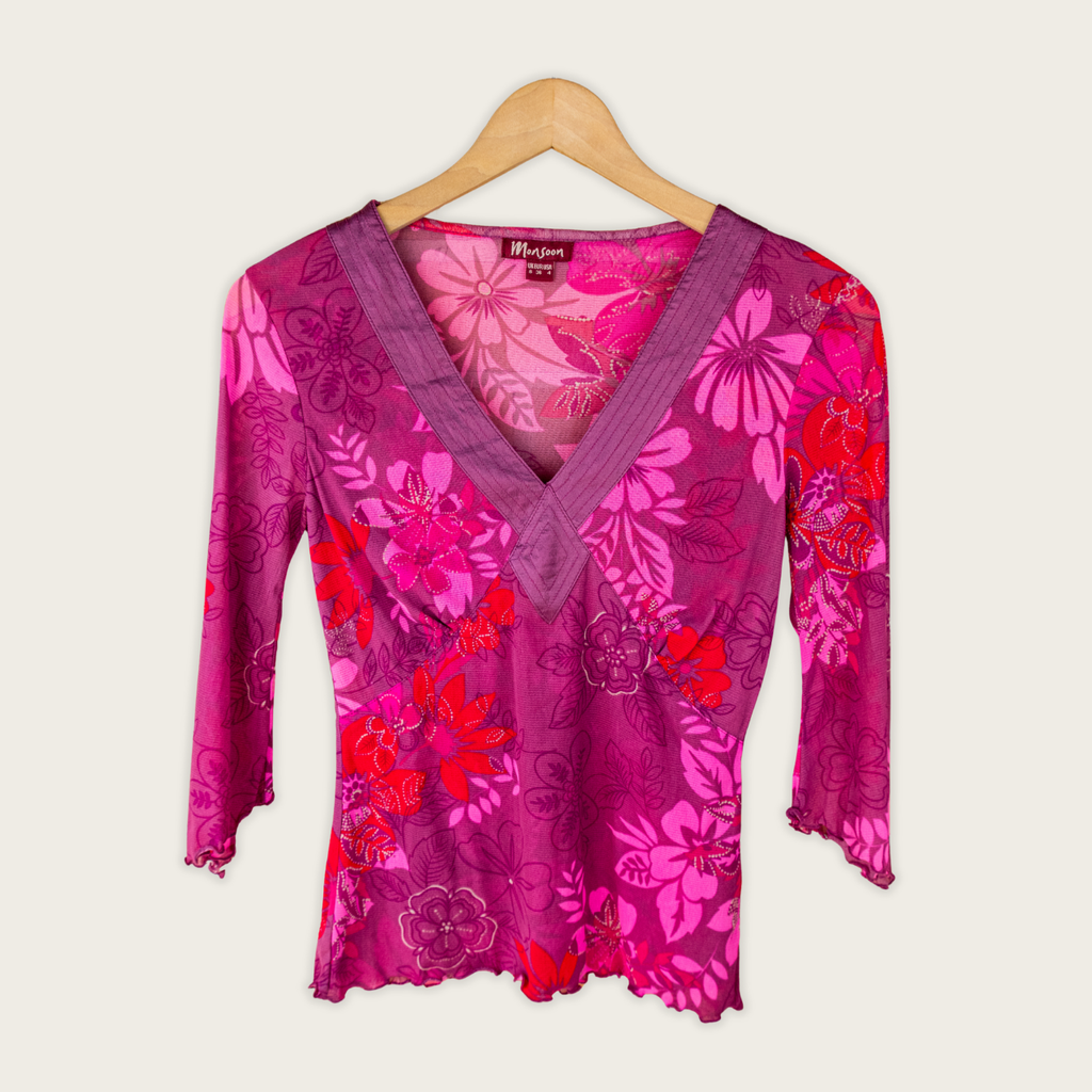 Y2K Monsoon Mesh Top - Pink Floral Print - Size 8