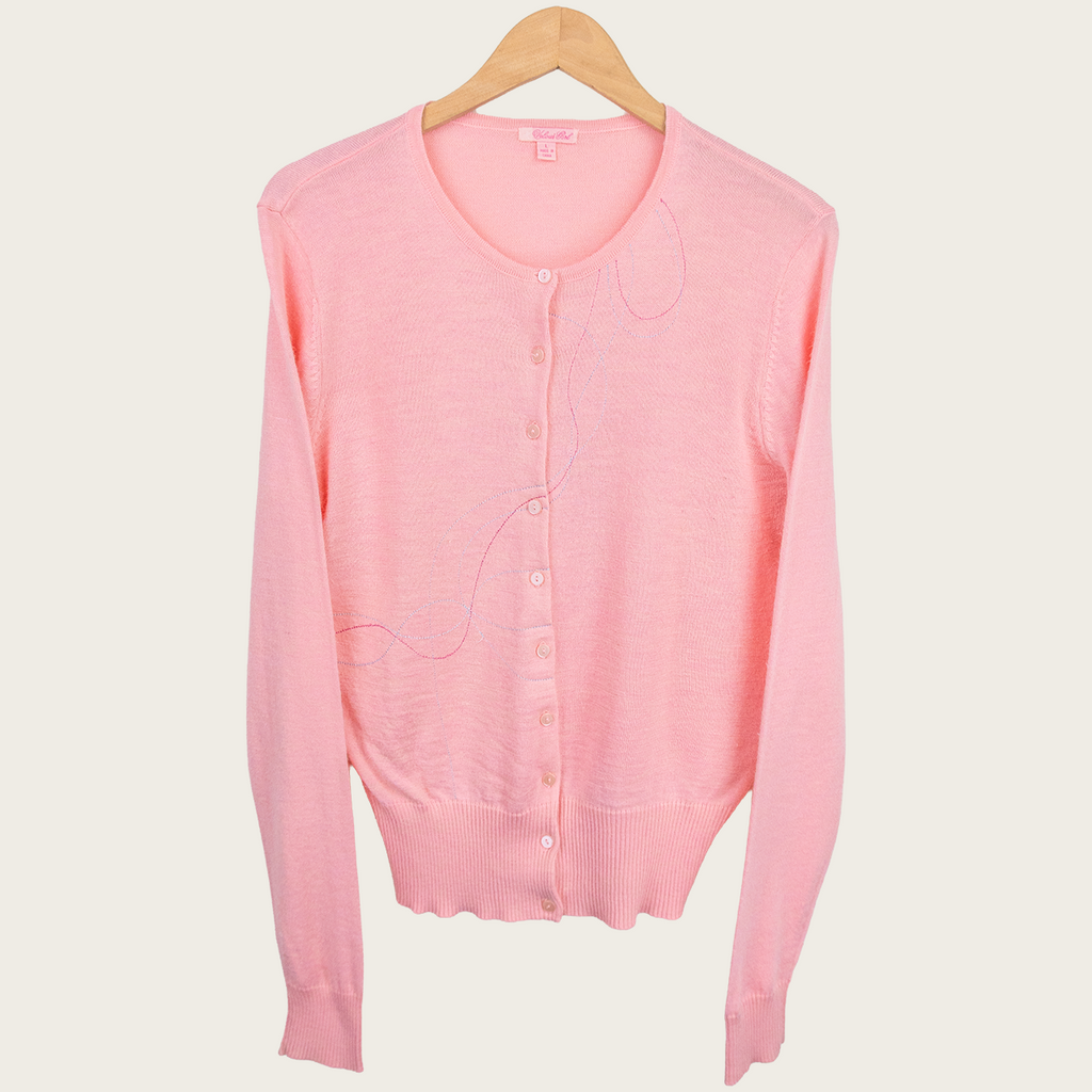 Y2K Velour Girl Cardigan - Soft Pink Embroidered - Size L