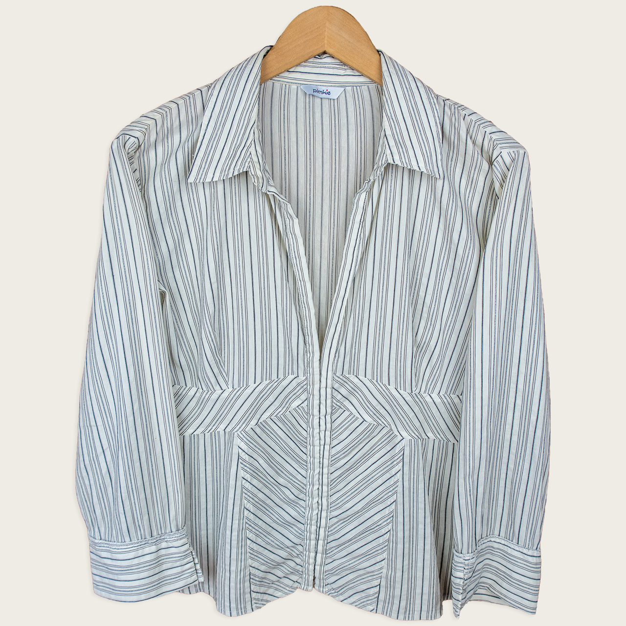 Y2K Pimkie Pinstripe Hook Front Blouse - White Blue Stripe - Size M