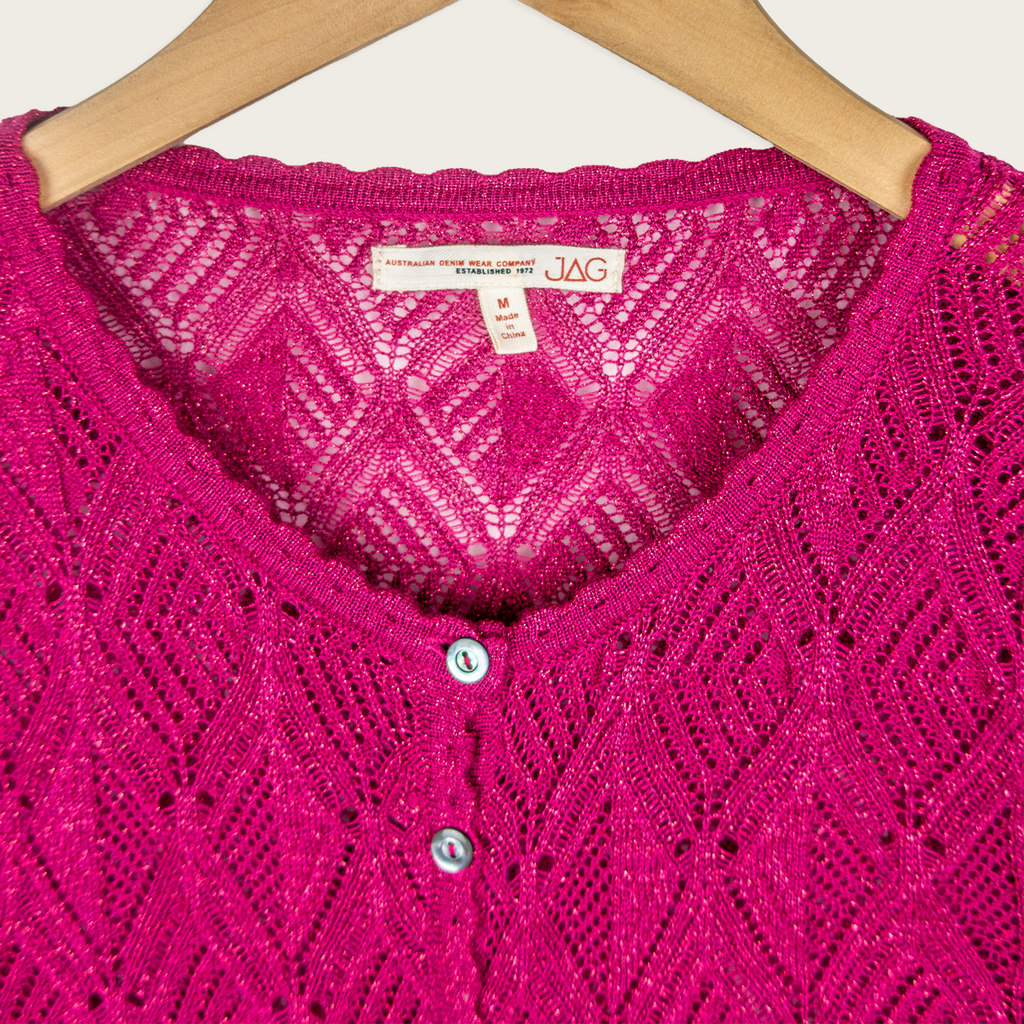 Y2K JAG Pointelle Knit Cardigan - Shimmer Hot Pink - Size M