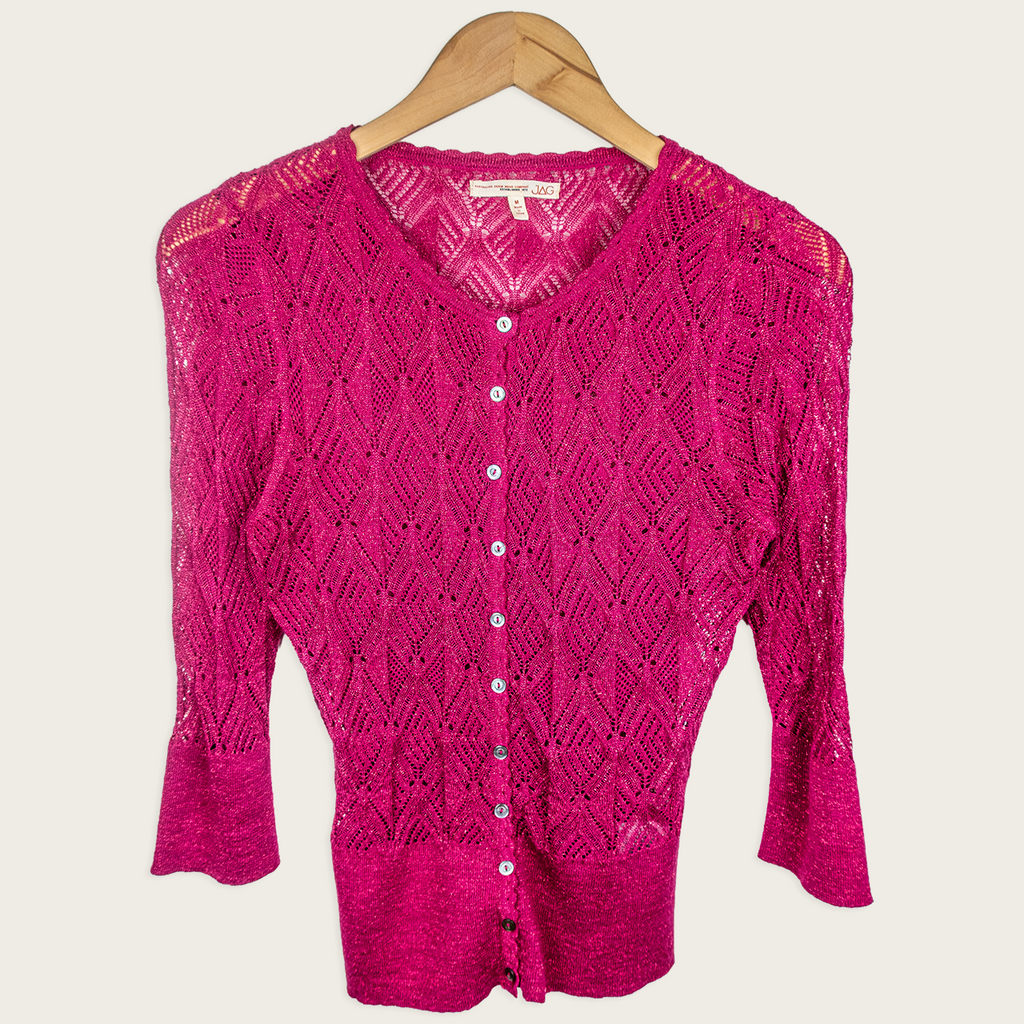 Y2K JAG Pointelle Knit Cardigan - Shimmer Hot Pink - Size M