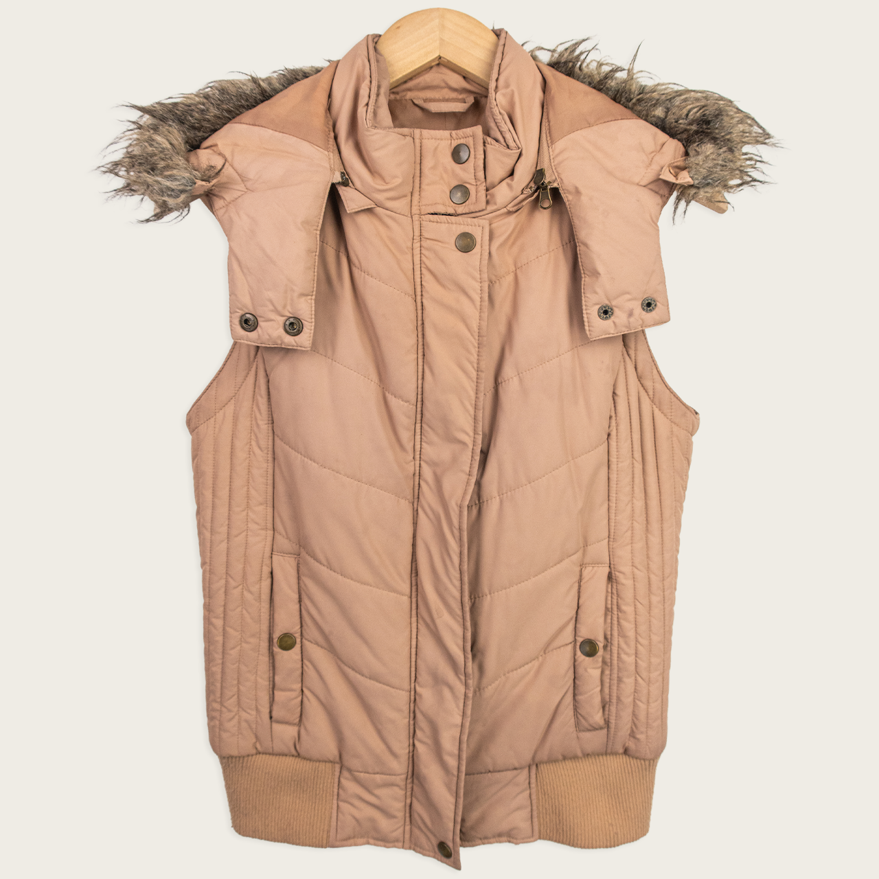 Y2K Puffer Vest - Beige Fur Hood - Size 12
