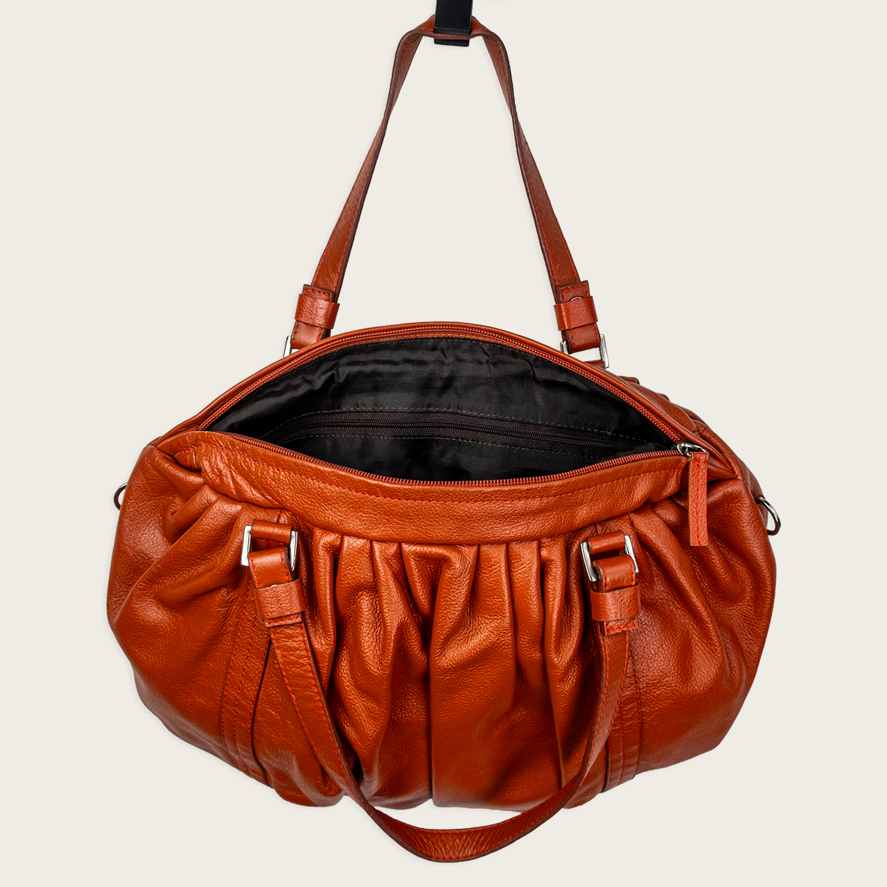 Y2K Burnt Orange Slouch Shoulder Bag - Ruched Genuine Leather
