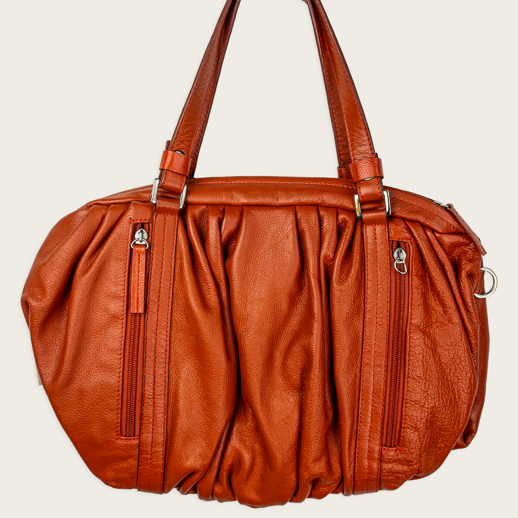 Y2K Burnt Orange Slouch Shoulder Bag - Ruched Genuine Leather