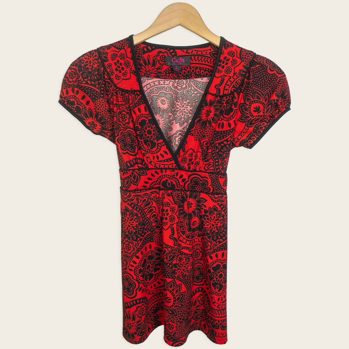 00s CKM Red Floral Empire Top - Size S