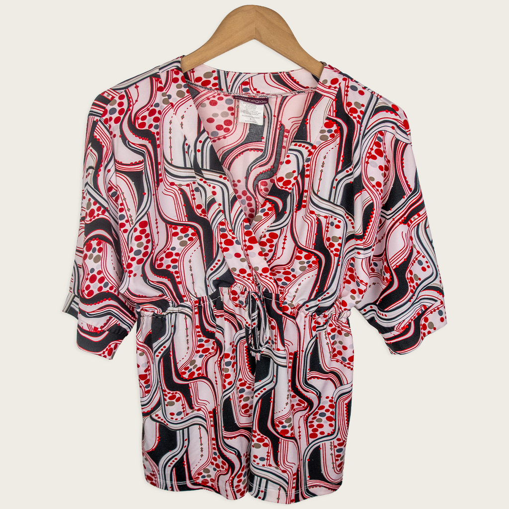 Y2K Suzanne Grae Wrap Top - Red Abstract Print - Size S