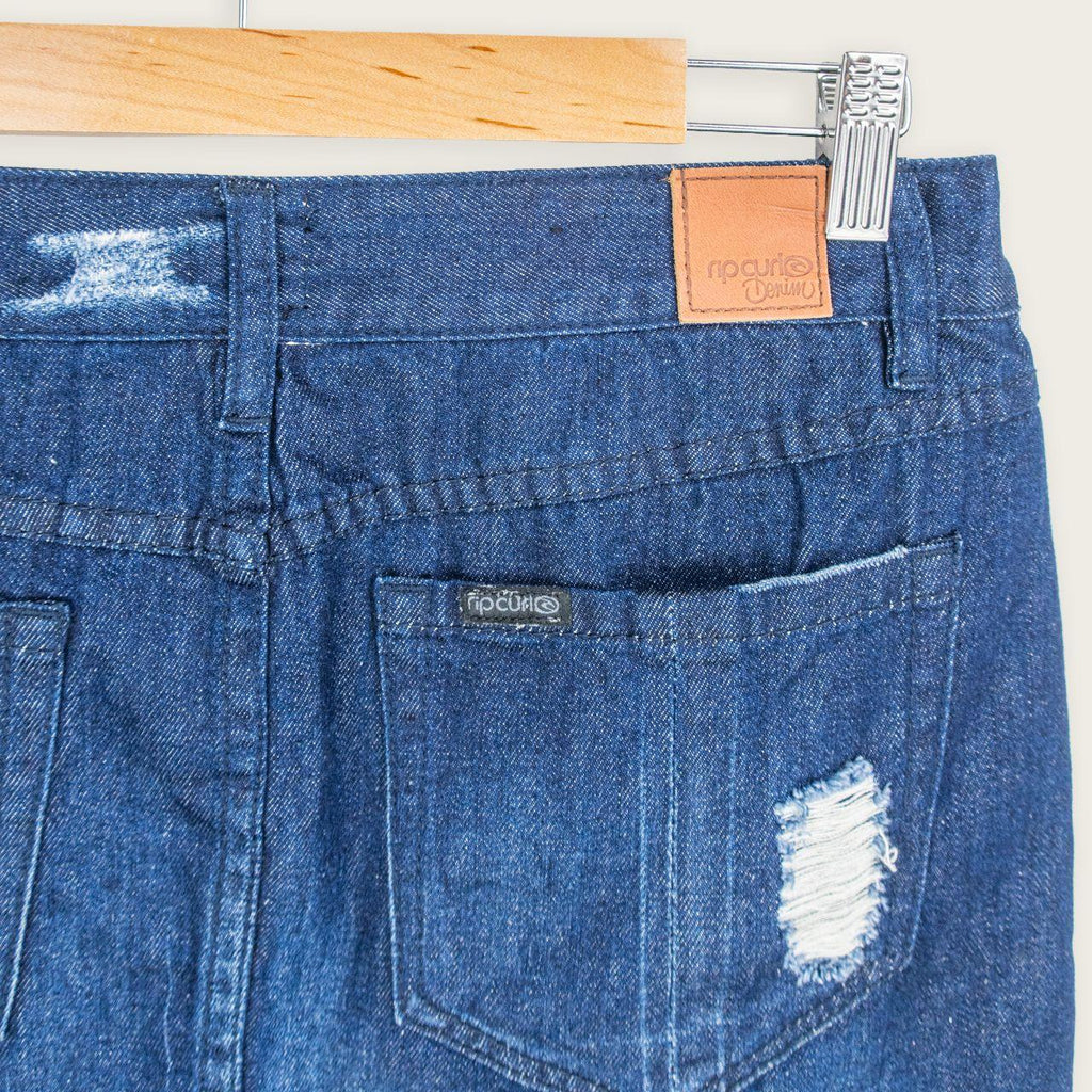 Y2K Rip Curl Denim Mini Skirt - Distressed Raw Hem - Size 10