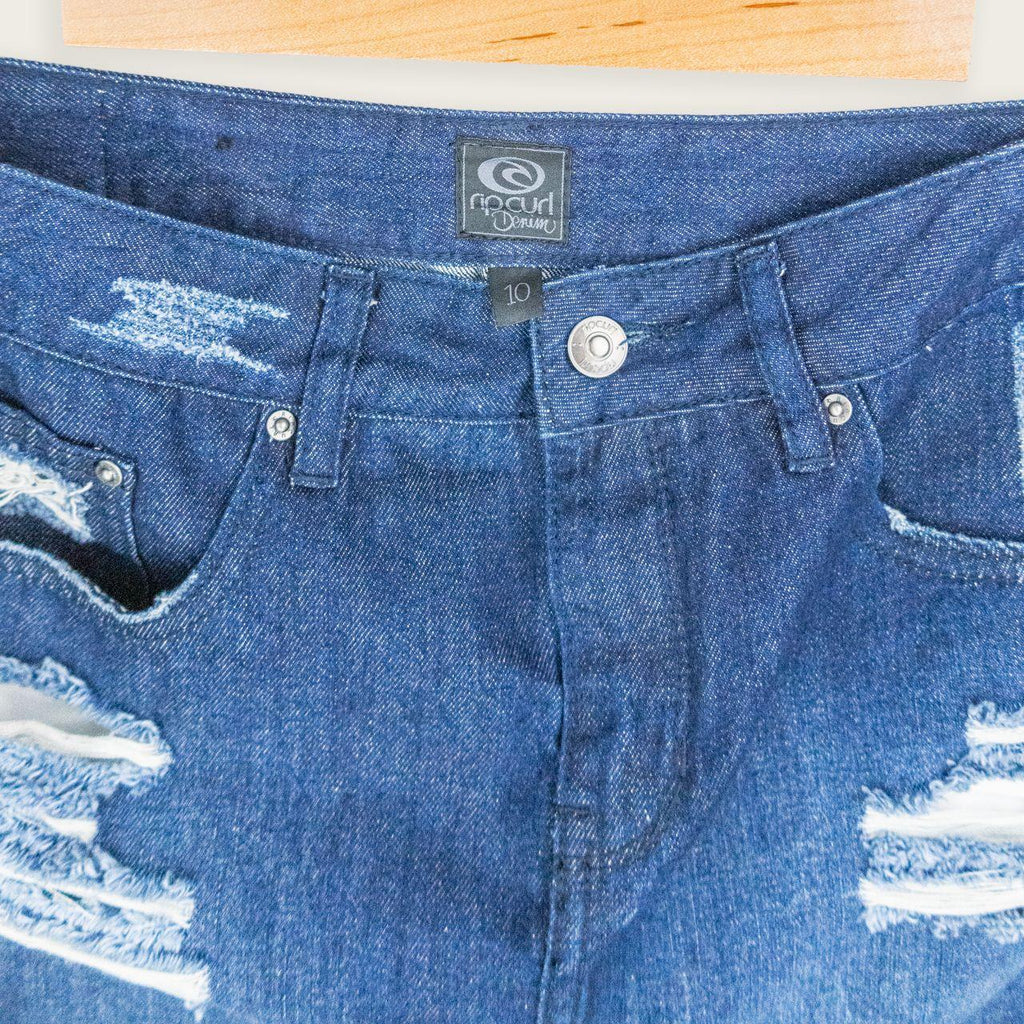 Y2K Rip Curl Denim Mini Skirt - Distressed Raw Hem - Size 10
