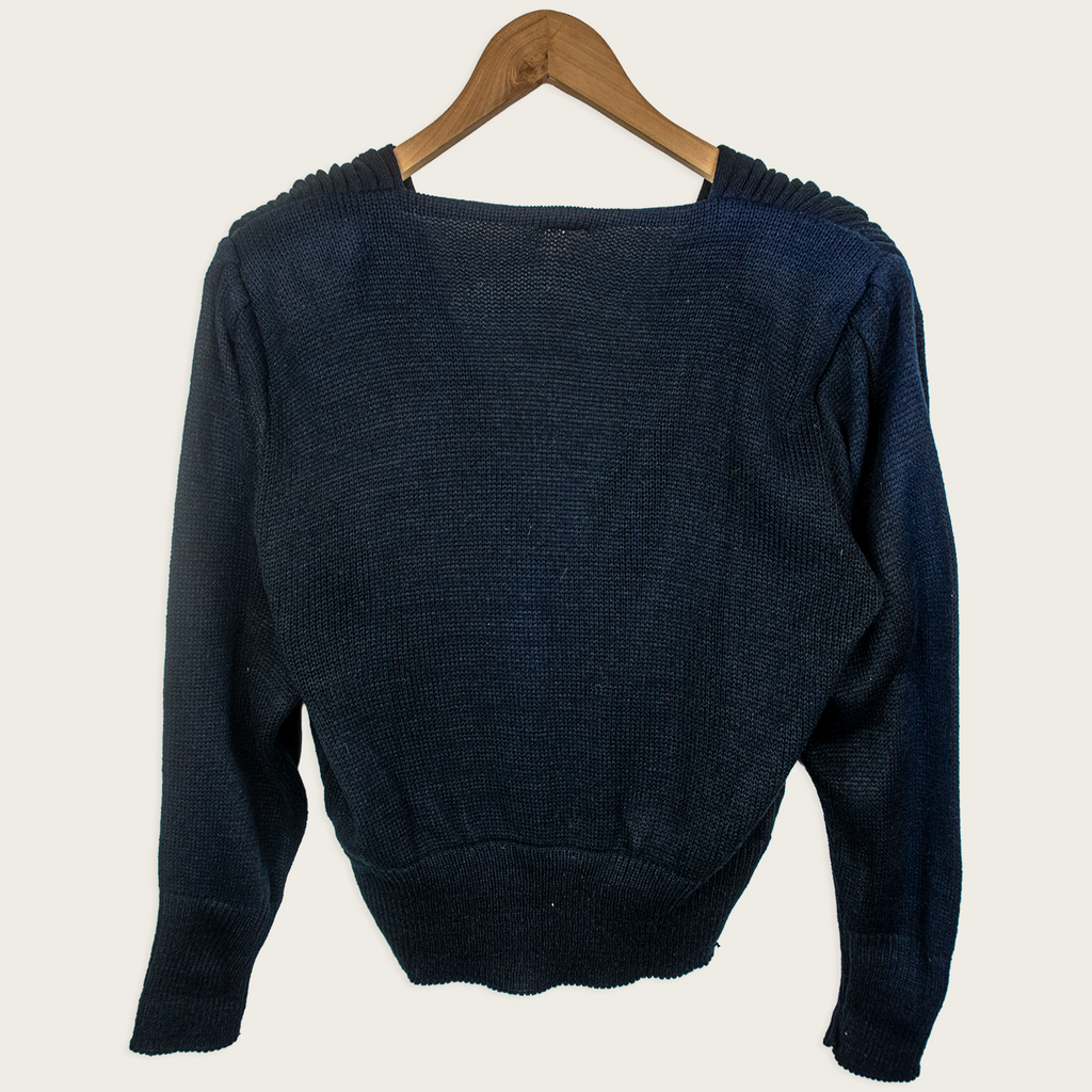 Vintage Knit Draped Sweater - Black Deep V Neck - Size S