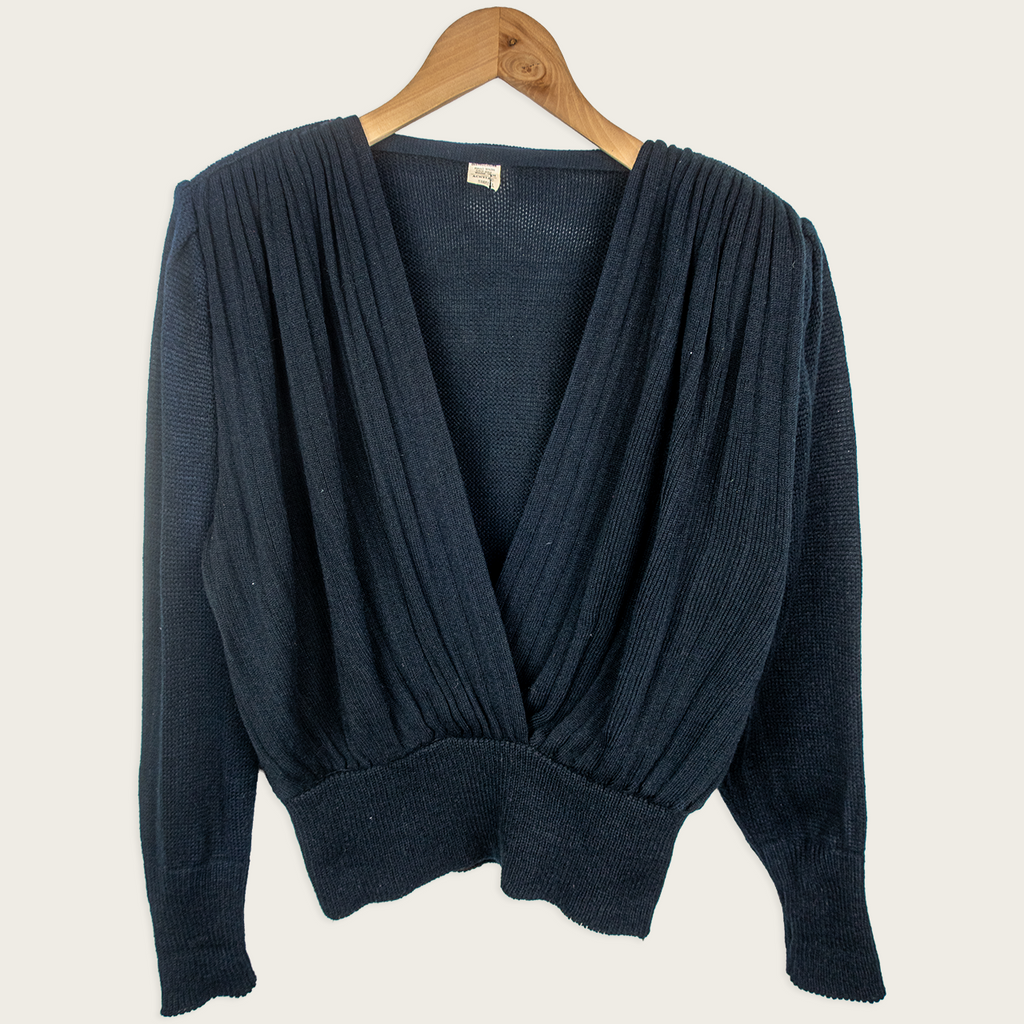 Vintage Knit Draped Sweater - Black Deep V Neck - Size S
