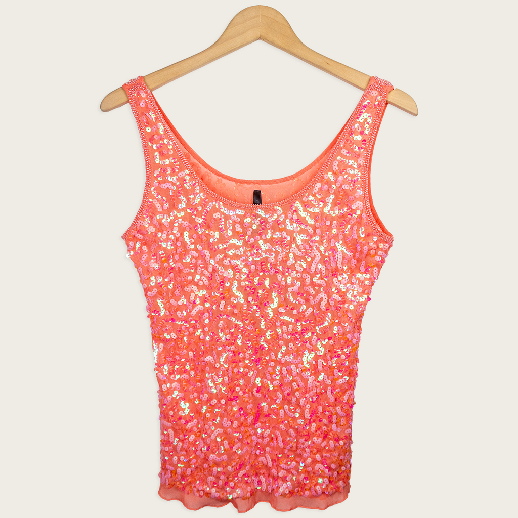 Y2K Crossroads Sequin Tank Top - Neon Coral - Size M