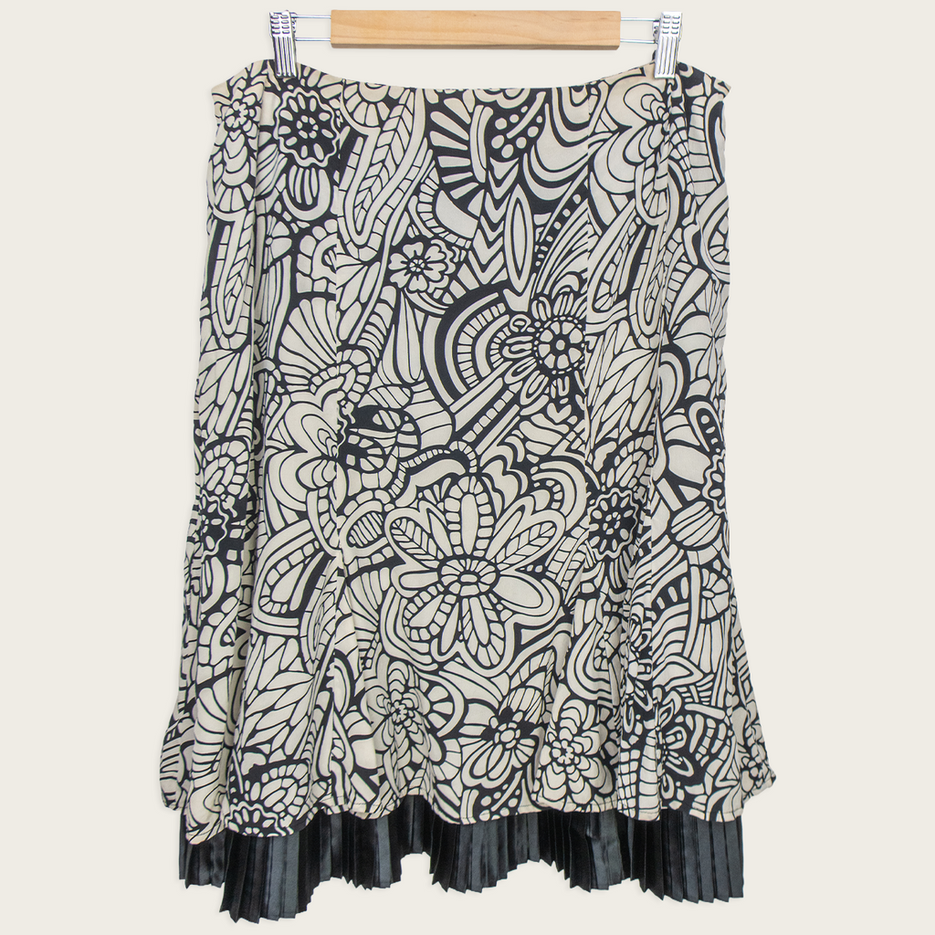 00s Stitches Australia Silk Floral Midi Skirt Black Cream - Size L/XL