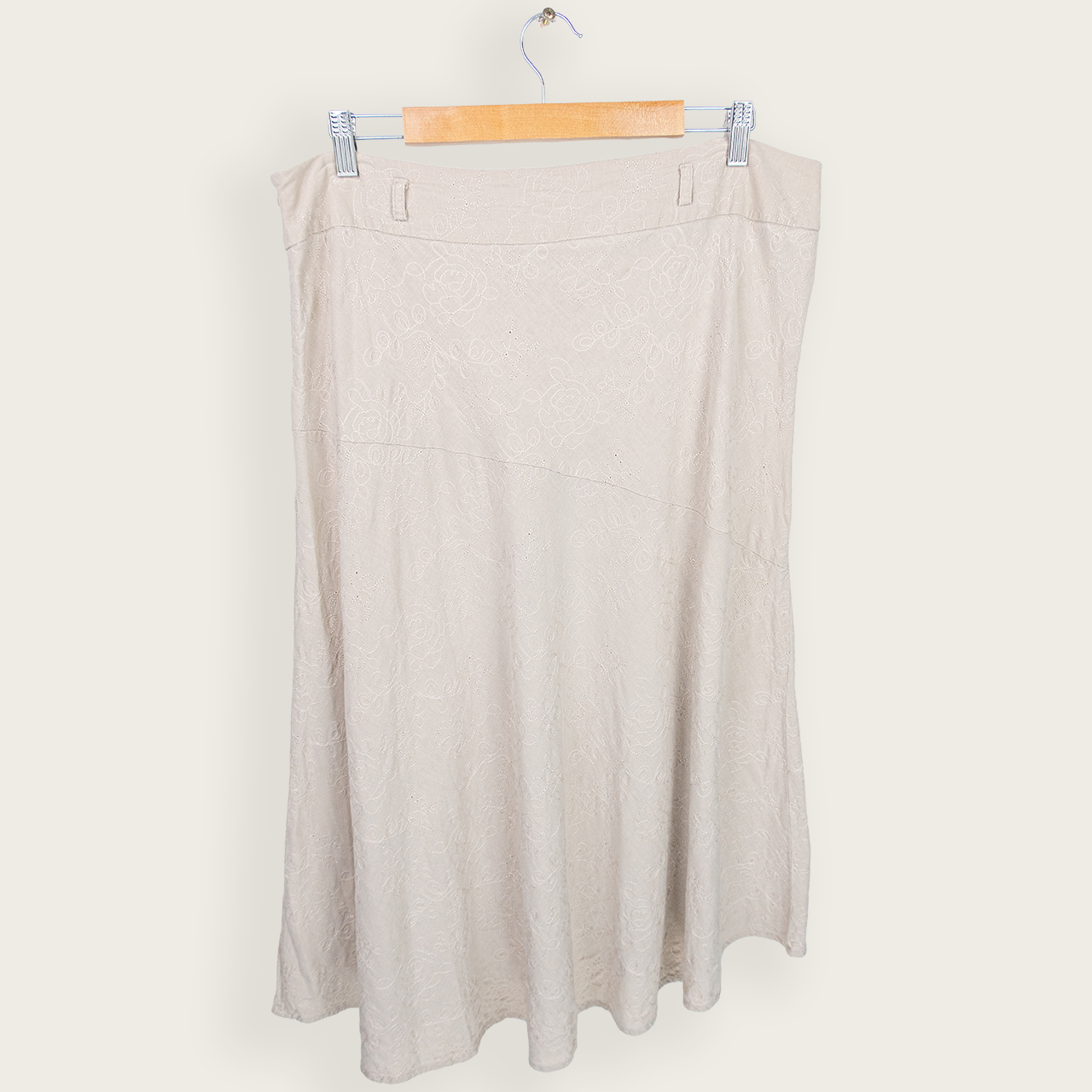 Vintage Embroidered Floral Midi Skirt - Beige - Size 16