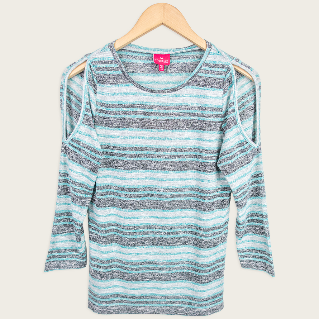 Y2K Together Striped Cut-Out Top - Blue/Grey - Size 8